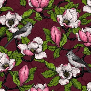 Blooming pink magnolia and titmouse bird, green leaves on wine red. Background layer with dark shade linework drawing. Beautiful botanical design with birds.