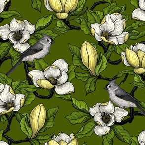 Blooming yellow  magnolia and titmouse bird, green leaves on dark green. Beautiful botanical design with birds.