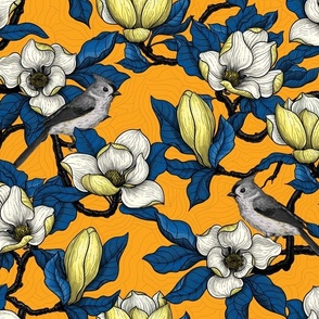 Blooming yellow magnolia and titmouse bird, blue leaves on orange. Background layer with abstract linework drawing. Beautiful botanical design with birds.