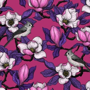 Blooming pink magnolia and titmouse bird, blue-magenta leaves on bubble gum PSC background. Beautiful botanical design with birds.