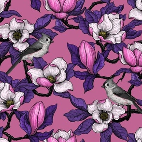 Blooming pink magnolia and titmouse bird, blue-magenta leaves on dark pink background. Beautiful botanical design with birds.