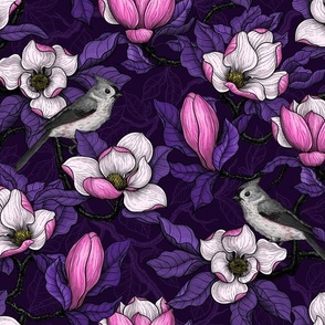 Blooming pink magnolia and titmouse bird, blue-magenta leaves on  dark background. Background layer with linework drawing. Beautiful botanical design with birds.