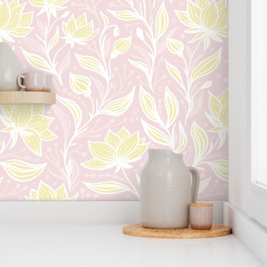 Doodle florals in piglet pinkand butter yellow