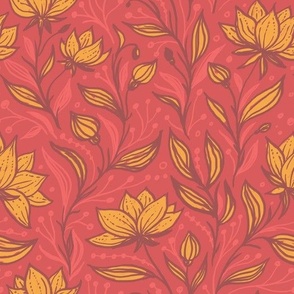 Doodle florals in red, yellow and brown