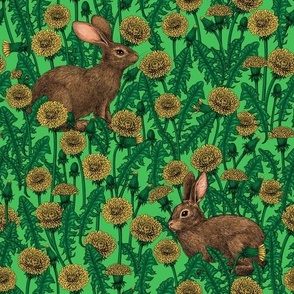 Rabbits and dandelions, yellow, brown and green