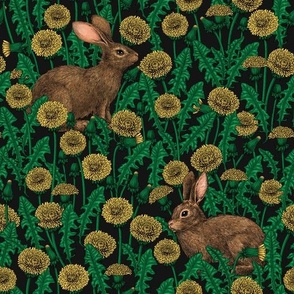 Rabbits and dandelions, yellow, brown and green