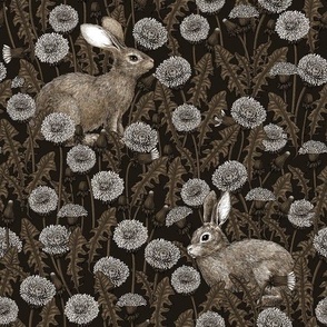 Rabbits and dandelions, dark sepia