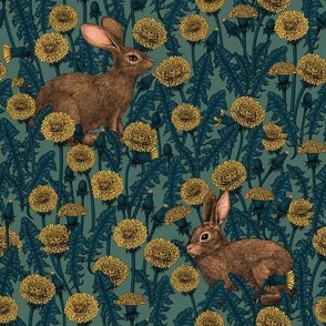 Rabbits and dandelions, yellow, brown and blue
