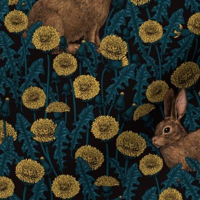 Rabbits and dandelions, yellow, brown and blue