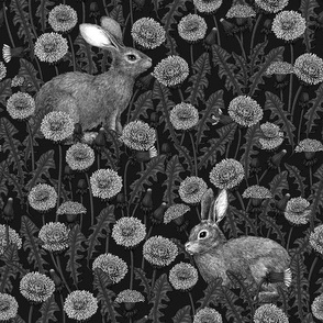 Rabbits and dandelions, monochrome, black