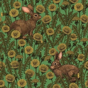 Rabbits and dandelions, yellow, brown and green