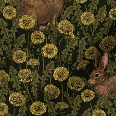 Rabbits and dandelions, yellow, brown and black