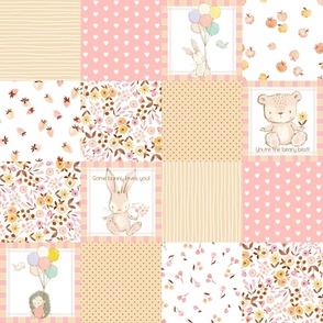 Sweet Baby Girl Quilt – Nursery Patchwork Blanket w/ Teddy Bear & Bunny, pink, yellow + beige