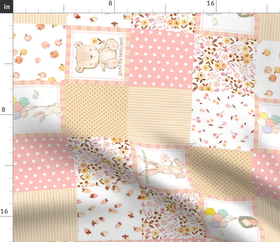 4 1/2" Sweet Baby Girl Quilt – Nursery Patchwork Blanket w/ Teddy Bear & Bunny, pink, yellow + beige, rotated