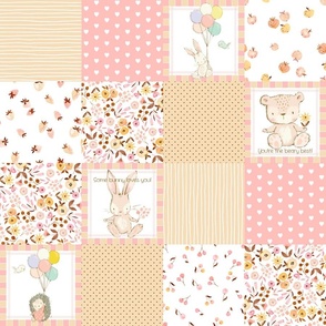 4 1/2" Sweet Baby Girl Quilt – Nursery Patchwork Blanket w/ Teddy Bear & Bunny, pink, yellow + beige