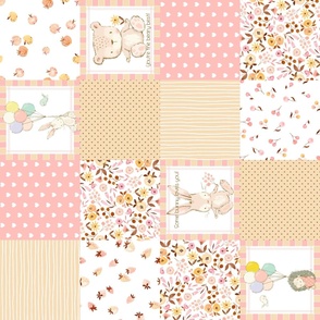 Sweet Baby Girl Quilt – Nursery Patchwork Blanket w/ Teddy Bear & Bunny, pink, yellow + beige, rotated