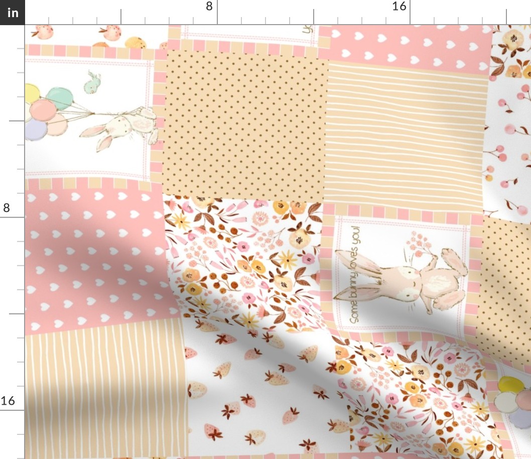 Sweet Baby Girl Quilt – Nursery Patchwork Blanket w/ Teddy Bear & Bunny, pink, yellow + beige, rotated