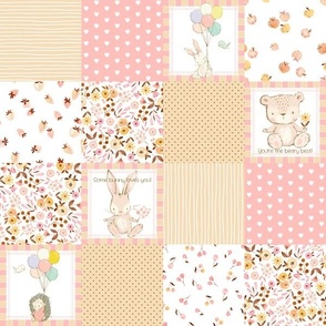 3" Sweet Baby Girl Quilt – Nursery Patchwork Blanket w/ Teddy Bear & Bunny, pink, yellow + beige