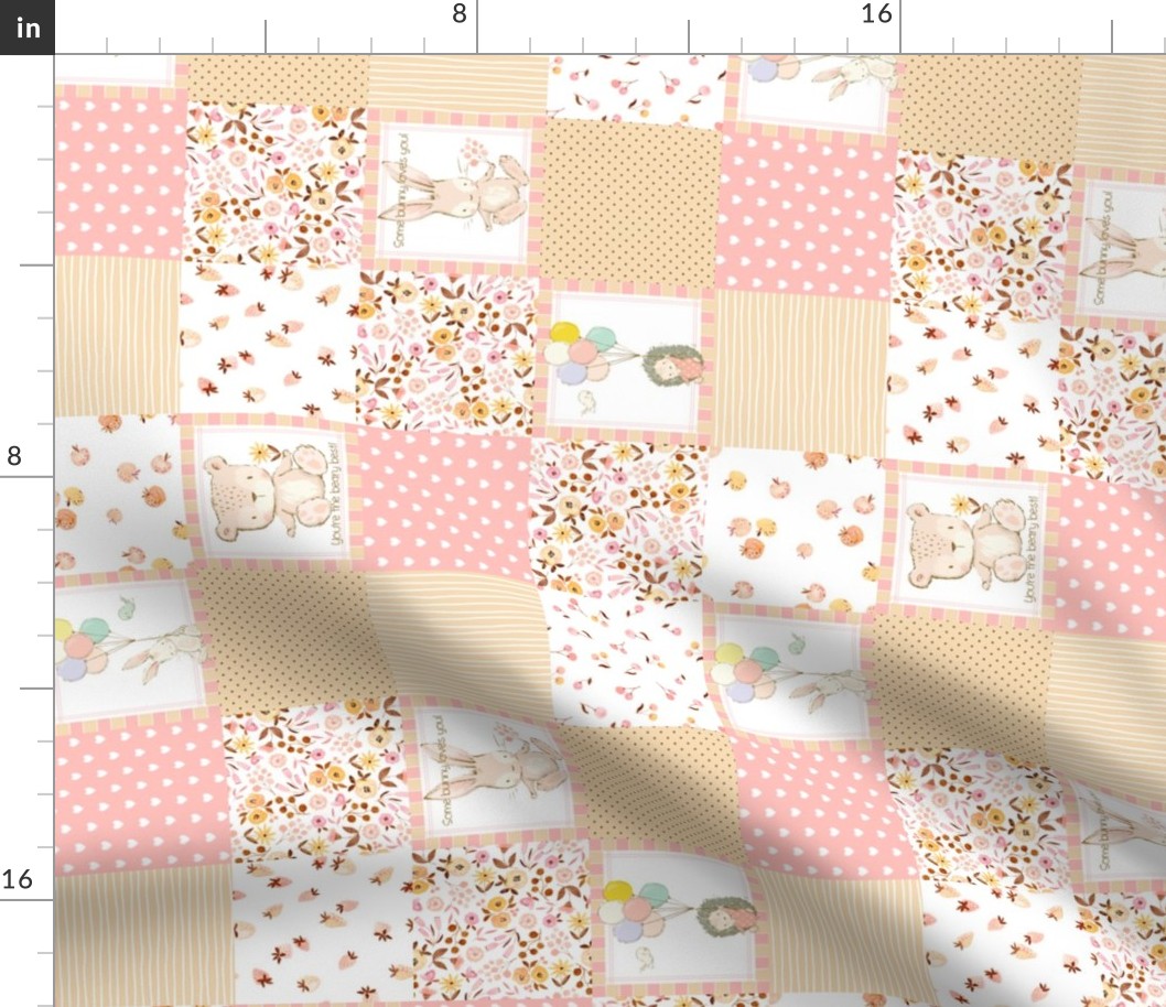 3" Sweet Baby Girl Quilt – Nursery Patchwork Blanket w/ Teddy Bear & Bunny, pink, yellow + beige, rotated