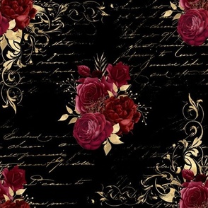 Gothic Steampunk  Red Roses on black with gold vintage writing 