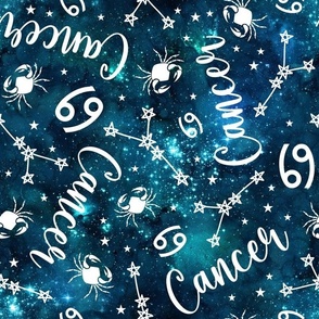 Large Scale Cancer Zodiac Symbols on Teal Galaxy