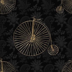 Golden Penny Farthing Bicycle on Black Damask Print