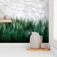 2 yards height - A rainy day at the forest, a mystic watercolor of fir trees and a grey and cloudy forest
