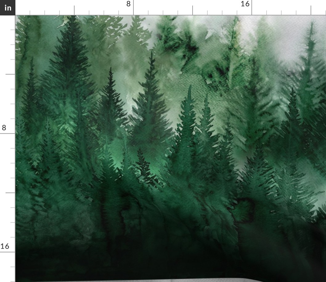 2 yards height - A rainy day at the forest, a mystic watercolor of fir trees and a grey and cloudy forest