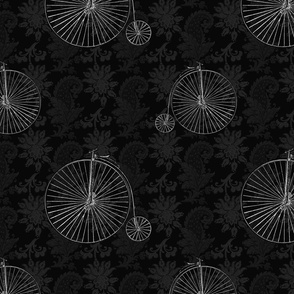 Silver Penny Farthings on a Black Damask Print Background