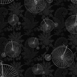Silver Penny Farthings on a Black Damask Print Background - Multiple size. 