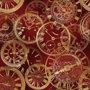 Golden Vintage Clocks on Dark Red Grunge Background