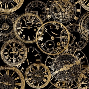 Golden Vintage Clocks on a black background