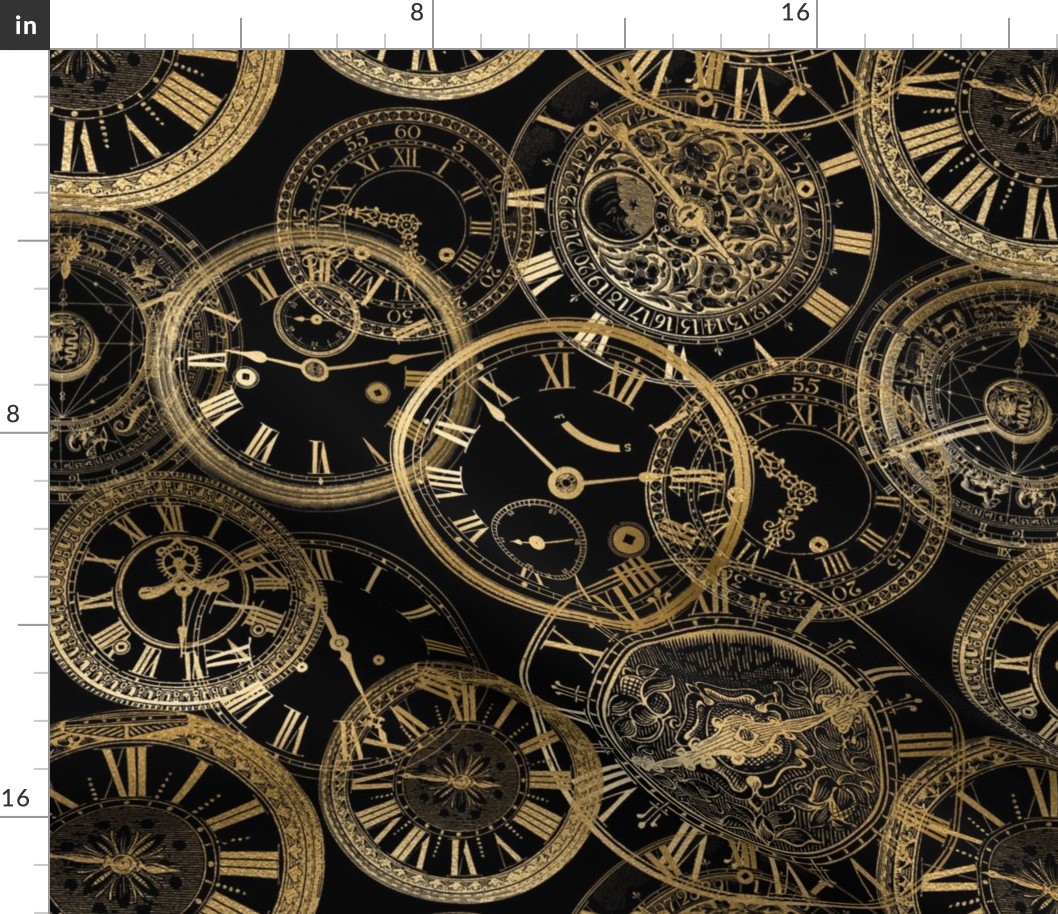Golden Vintage Clocks on a black background