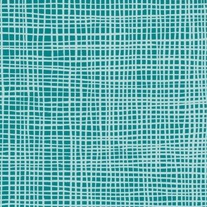 Hand Drawn Woven Baby Grid Lines, Pastel Aqua on Verdigris (Medium Scale)