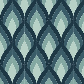 ART DECO BLOSSOMS - THIN LOOSE WHITE LINES, TEAL TONES