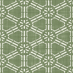 Batik Block Print Ethnic Floral Hexagon Lattice in Sage Green and Natural White (Large Scale)