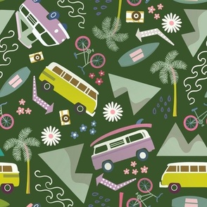 Camper van adventure ditsy, dark green