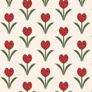 $ Small scale organic textured lines on red tulip heart for Valentines, wedding, engagement, boyfriend, girlfriend and kids apparel and crafts, in red, sage green and cream.