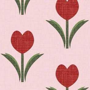 Large  scale valentines red heart tulip  with textured organic details in baby pink, cool red and olive green - for home decor, nursery accessories and kids apparel.