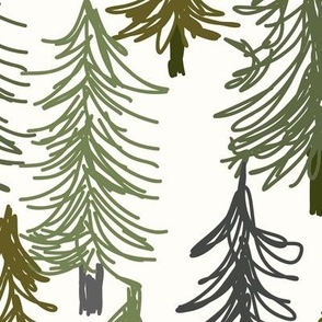 464 $ - Jumbo scale winter woodland forest with pine trees in the snow in olive green and charcoal grey, for non traditional festive decor, cabin core cozy projects, duvet cover, wallpaper, curtains, tablecloths and holiday projects