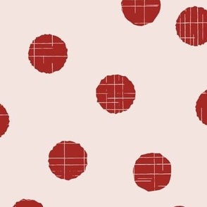 Large scale blush pink and lovely red polka dots random polka dots with organic linear textures, for kids apparel, sweet nursery accessories, cozy home decor and adult apparel.