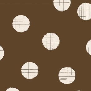 Jumbo scale donkey brown and pale taupe random polka dots with organic linear textures, for kids apparel, sweet nursery accessories, cozy home decor and adult apparel.