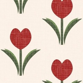 Large scale Luscious cool red heart-shaped tulips with sage green foliage on an organic criss cross textured background, for home decor, nursery design, kids apparel and crafting.