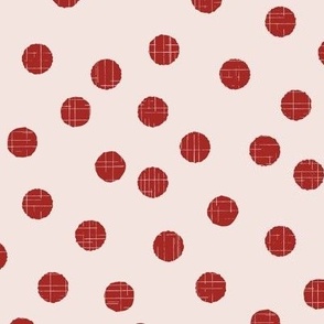 Small scale blush and cool red polka dots random polka dots with organic linear textures, for kids apparel, sweet nursery accessories, cozy home decor and adult apparel.