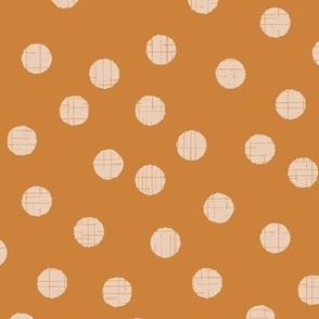 057 - Small scale mustard random polka dots with organic linear textures, for kids apparel, sweet nursery accessories, cozy home decor and adult apparel.