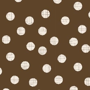 Small scale brown and cream polka dots random polka dots with organic linear textures, for kids apparel, sweet nursery accessories, cozy home decor and adult apparel.