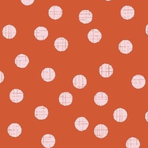 057 - Small scale Tangerine orange and gentle apricot cream random polka dots with organic linear textures, for kids apparel, sweet nursery accessories, cozy home decor and adult apparel.