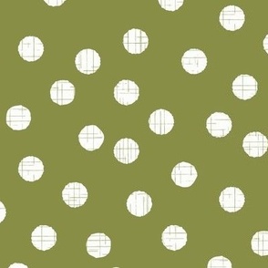 Small scale soft moss green and pale grey random polka dots with organic linear textures, for kids apparel, sweet nursery accessories, cozy home decor and adult apparel.