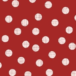 057 - Small scale cool red and warm white random polka dots with organic linear textures, for kids apparel, sweet nursery accessories, cozy home decor and adult apparel.