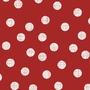 Small scale cool red and warm white random polka dots with organic linear textures, for kids apparel, sweet nursery accessories, cozy home decor and adult apparel.